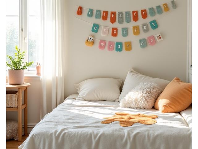 A brightly decorated children's room featuring personalized textile items like a name banner on the wall and a themed cushion on a bed, showing playful and colorful custom designs.