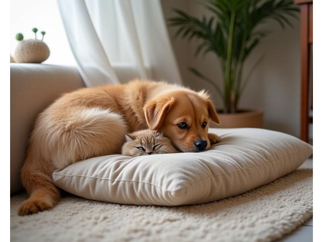 A cozy scene with a pet (e.g., a dog or cat) relaxing on a custom-printed pet bed or cushion featuring their own portrait or name, showing love for furry family members.