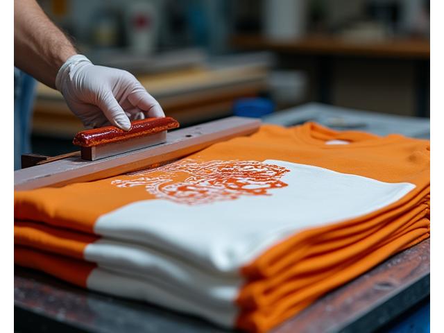 A screen printing press in action, showing a squeegee pressing ink through a stencil onto a garment, illustrating efficiency for bulk orders.