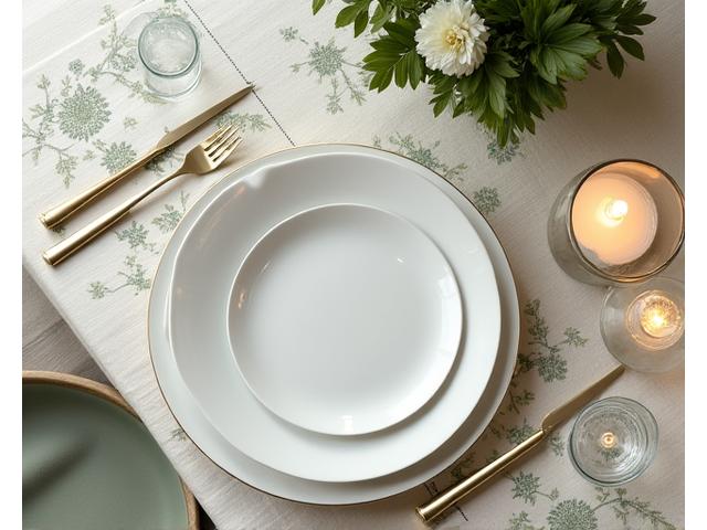 An elegant dining table set with custom-printed table linens, including placemats and a runner featuring a subtle pattern, suitable for a special event or unique home decor.