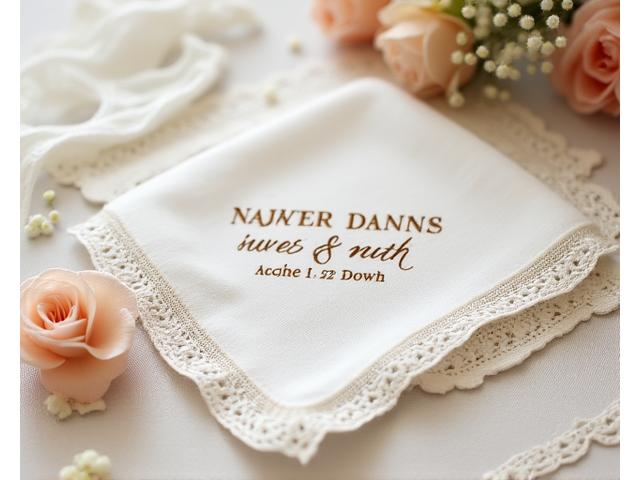 A close-up of custom-printed wedding favors, perhaps small textile pouches or handkerchiefs, featuring the couple's names and wedding date, in an elegant, romantic style.