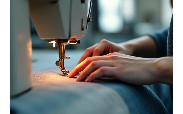 Close-up of skilled hands meticulously sewing a garment in a bright, clean workshop. Focus on craftsmanship and detail.