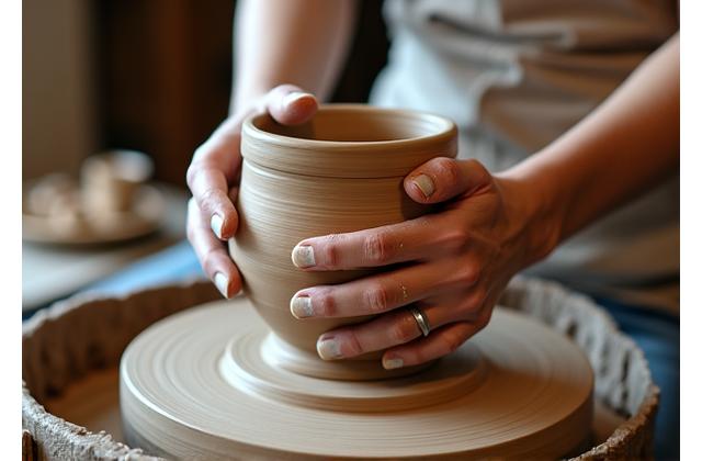 Hands crafting a ceramic pot during an artisan workshop, with tools and clay visible.