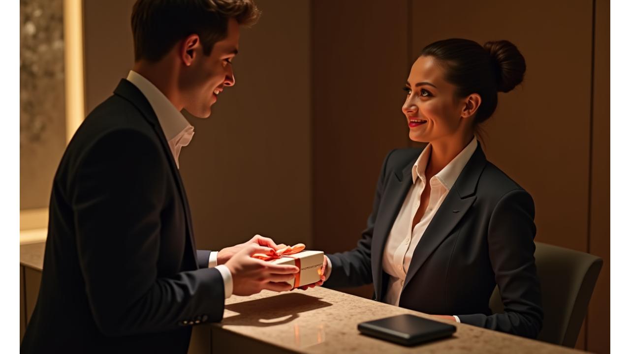 A elegantly dressed concierge, possibly standing in a luxury boutique, offering a beautifully wrapped gift to a client, signifying tailored service.