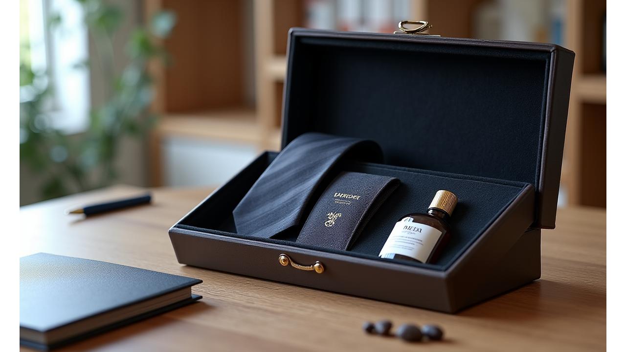 Elegant corporate gift hamper on an executive desk, featuring branded premium items and a custom company card.