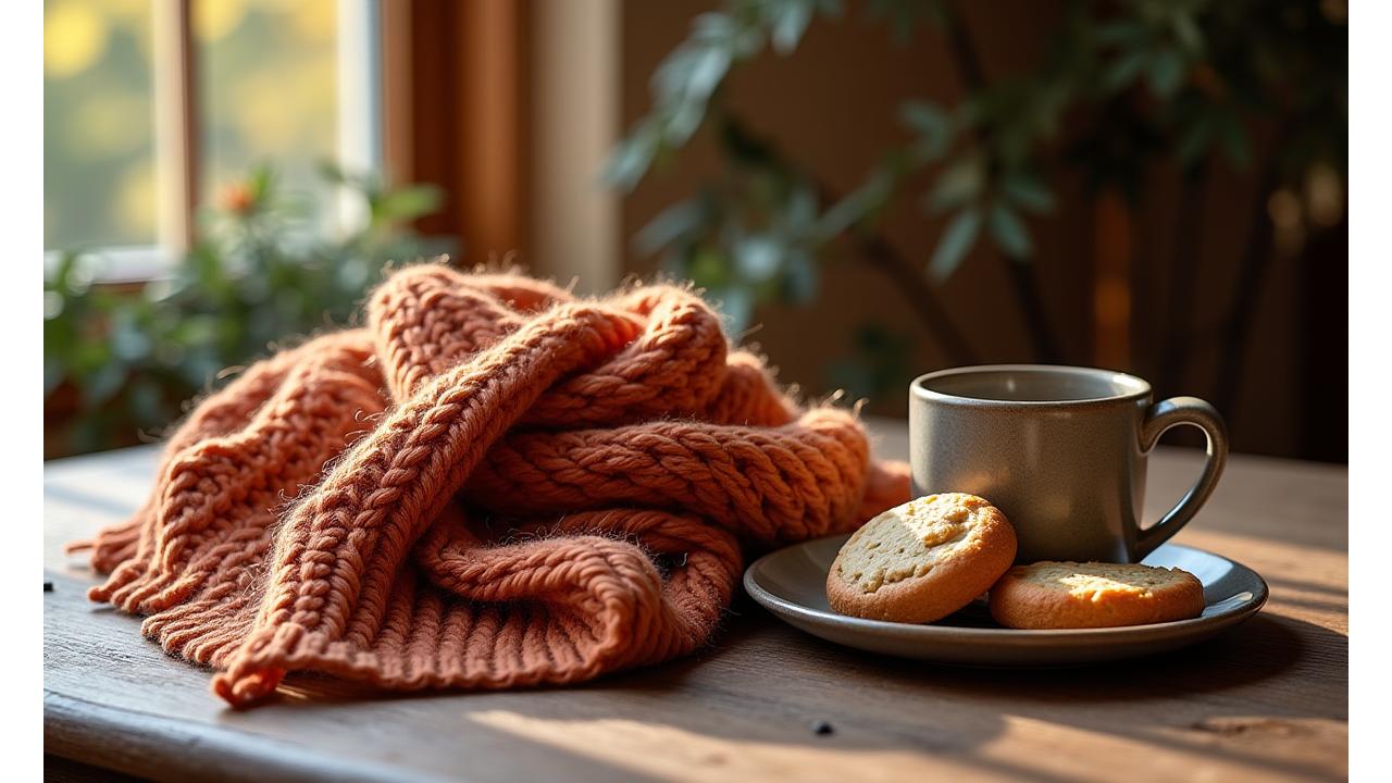 Elegant autumn gift box with soft knitted scarf, gourmet shortbread, and a small ceramic mug on a wooden table, warm ambient light, autumn leaves subtly in background.