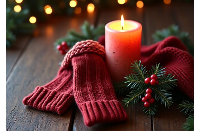 Festive holiday gift set with a decorative candle, knitted gloves, and a sprig of holly, evoking Christmas cheer.