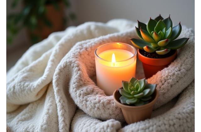 Cozy housewarming hamper with a branded throw blanket, a scented candle, and a small plant, on a light wooden background.