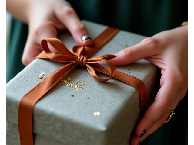 Hands meticulously tying a silk ribbon around a beautifully wrapped luxury gift box with elegant paper and a personalized tag.