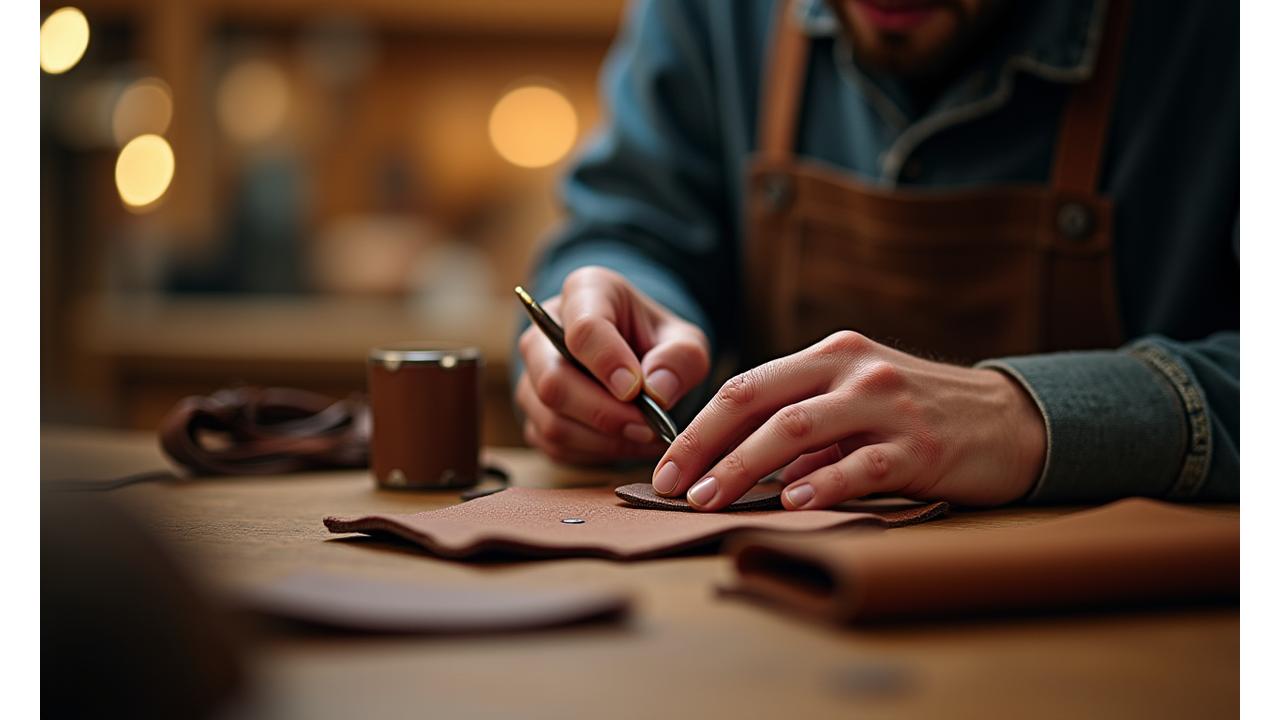 Close-up on a handcrafted leather good, possibly a wallet or small bag, with a blurred background of a bustling artisan workshop in Manchester.