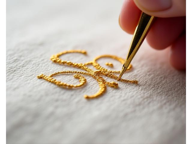 Close-up of a delicate monogram being embroidered onto a high-quality fabric, with skilled hands and golden thread.