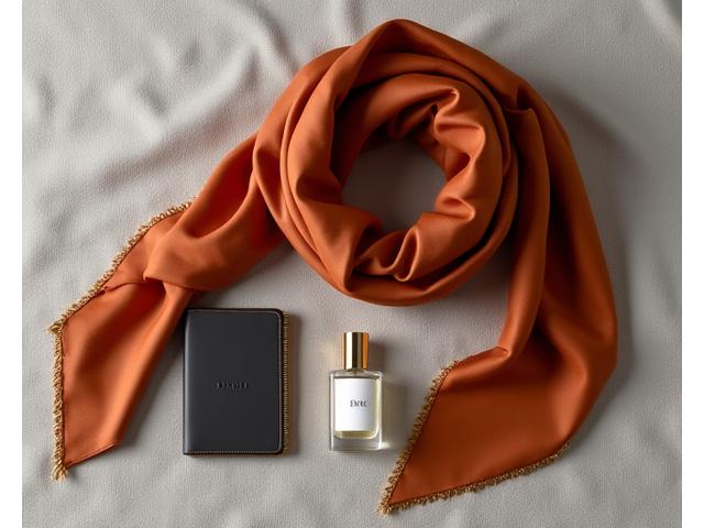 Stylish 'Style Enthusiast' collection with a folded silk scarf, a leather card holder, and a small bottle of high-end perfume, arranged on a textured fabric surface.