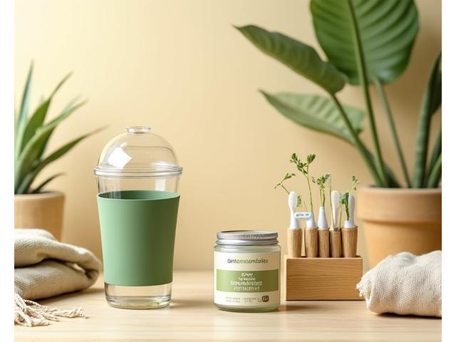 Eco-friendly 'Sustainable Living' hamper containing a reusable coffee cup, organic cotton tote bag, a bamboo toothbrush set, and natural soap bars.