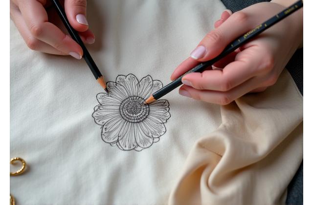 Close up of a hand drawing a pattern on fabric with pencils and rulers for a custom textile printing course.