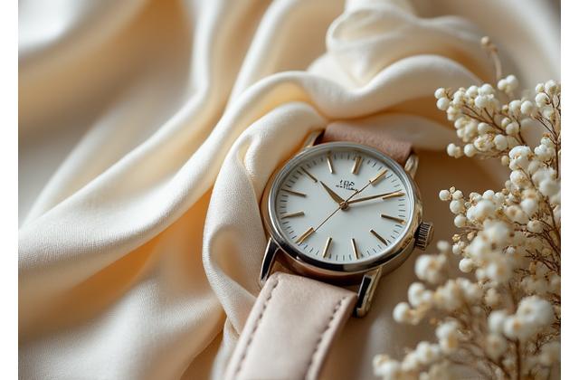 Elegant silk scarf draped over a classic watch, signifying wedding or anniversary gifts.