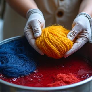 A textile dyer's hands carefully submerging skeins of yarn into vats of natural dye extracts, vibrant colors present.