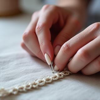 Close-up on the hands of a seamstress meticulously stitching fine silk fabric, with needles, threads, and thimble visible.
