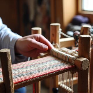 A skilled artisan weaving intricate patterns on a traditional handloom in a sunlit workshop.