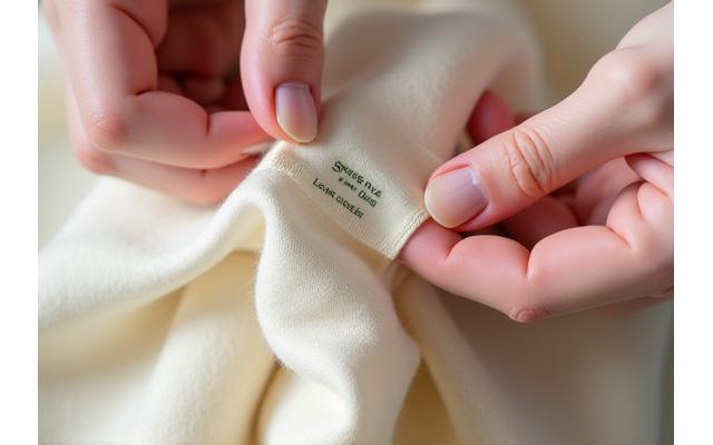Close-up of hands gently testing the softness of a delicate fabric swatch with care labels visible.