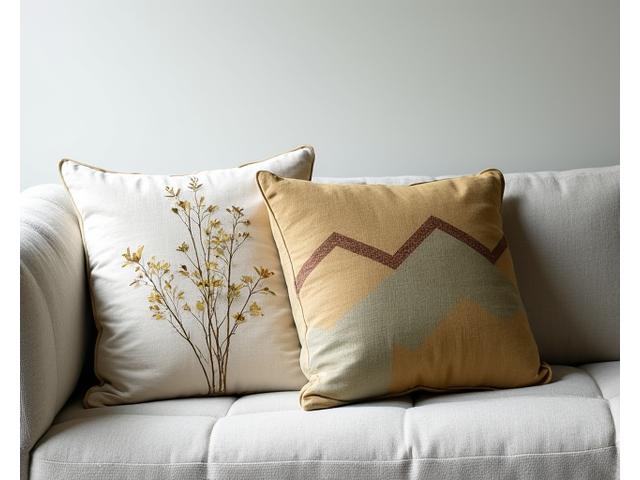 Arrangement of three linen cushions in complementary botanical and geometric patterns on a light grey sofa.