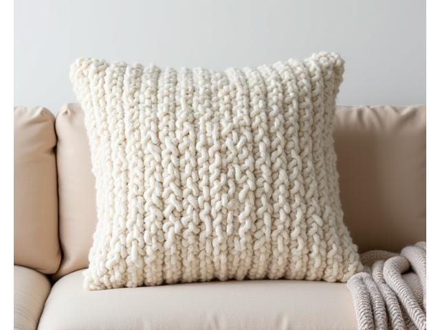 A large, textured neutral-toned cushion with chunky knit detail on a light wood bench, suggesting comfort and simplicity.