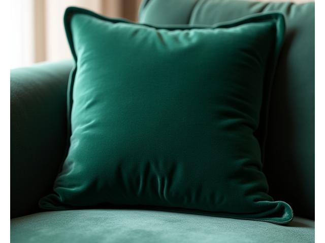 Close-up of a deep emerald green velvet cushion with subtle sheen, adding a luxurious touch to a sofa.
