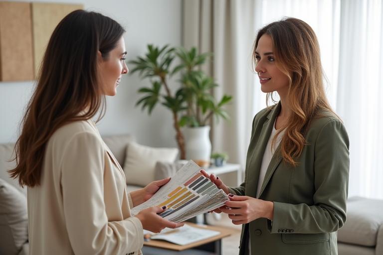 Interior designer presenting fabric swatches and color palettes to a client in a bright, modern living room setup, demonstrating a home consultation.