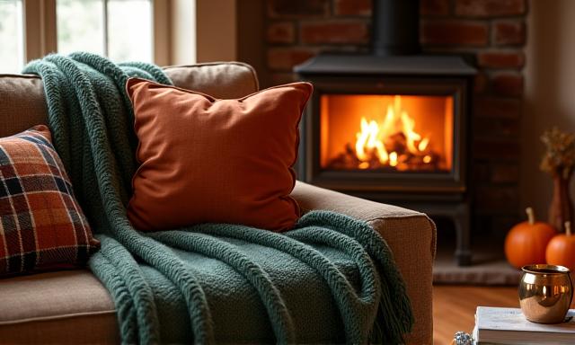 A warm, inviting living room decorated for autumn with a chunky knit throw, plaid cushions, and flickering fireplace, evoking comfort and luxury.