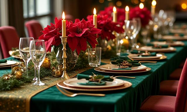 A festive holiday dining table adorned with an emerald green velvet runner, gold accents, and deep red poinsettias, ready for entertaining.
