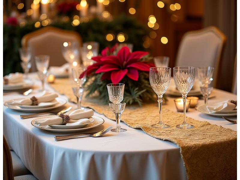 A beautifully set dining table with a crisp white damask tablecloth, gold embroidered runners, and matching linen napkins. Ornate glassware and cutlery add to the festive elegance.