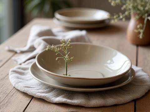 Close-up of a rustic table setting featuring a natural linen placemat, a ceramic plate, and a sprig of wildflowers, conveying simple charm.