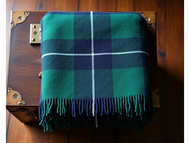 Classic green and blue tartan pattern blanket neatly folded on a dark wood chest.