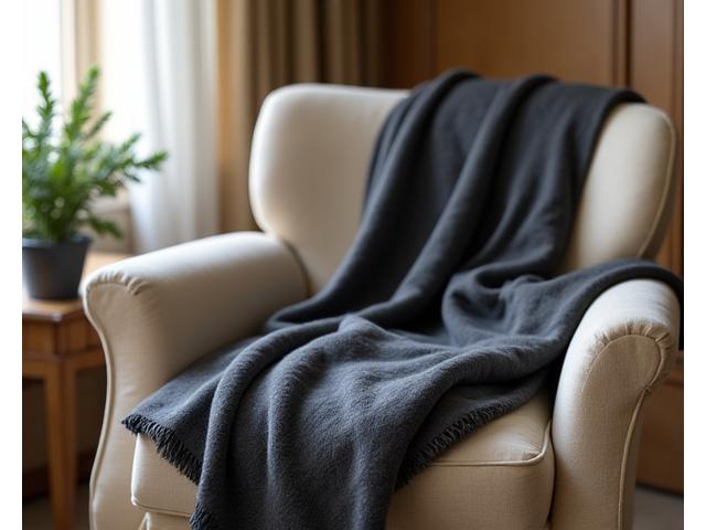 Rich charcoal grey wool and cashmere blend throw draped over a cream armchair in a chic living room.