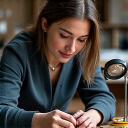 Portrait of 'Northern Sparkle' artisan, Chloe, at her jeweler's bench