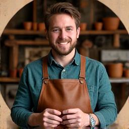 Portrait of 'Leatherbound by Liam' artisan, Liam, in his workshop with leather goods