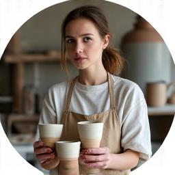 Portrait of 'Clay & Cotton' artisan, Bethany, with her handcrafted ceramic mugs and bowls