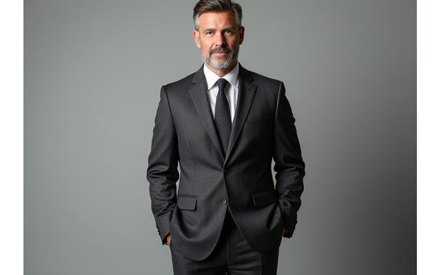 Same man confidently wearing a perfectly tailored, sharp suit after bespoke alterations by Hearth & Stitch