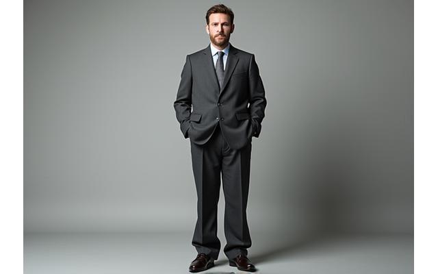 Man wearing an ill-fitting, baggy suit before tailoring