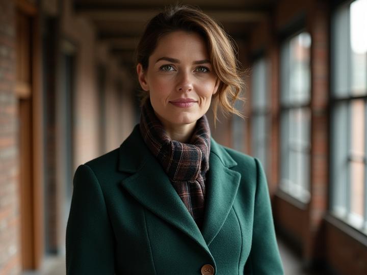 Model wearing a stylish, fitted heritage wool blazer with a contemporary cut, paired with a subtle tartan scarf