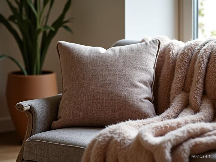 Richly textured modern tweed cushion and matching throw artfully arranged on a rustic wooden bench