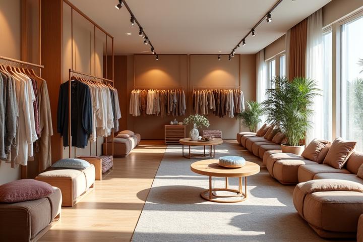 Warm and elegant interior of Hearth & Stitch Emporium, showcasing fashion apparel and home textiles