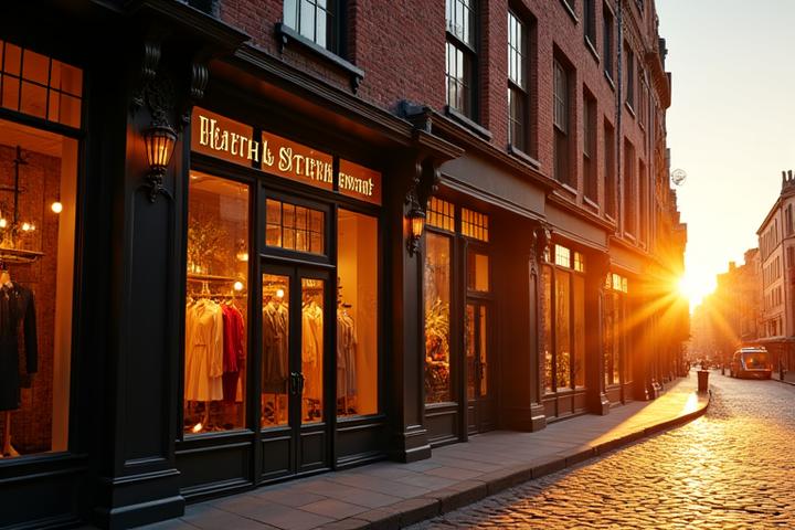 Hearth & Stitch Emporium's elegant storefront on Millbank Lane, Manchester, during a golden hour sunset