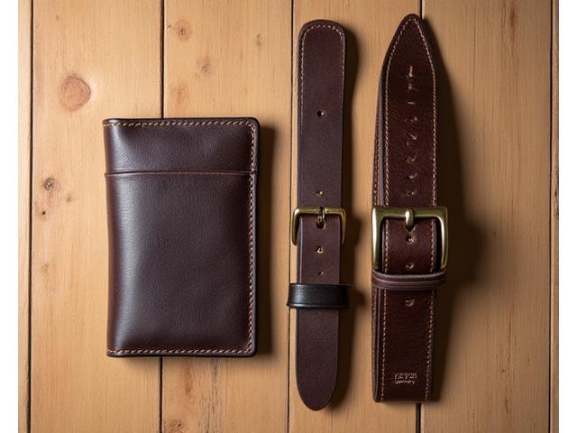 Selection of handcrafted leather goods, including a richly textured wallet and belt, on a wooden surface