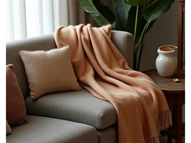 Luxurious cashmere throw draped over a stylish armchair, with decorative cushions in a warm, inviting living room setting