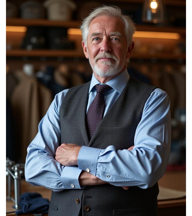 Portrait of Arthur Finch, Hearth & Stitch's Master Tailor, looking distinguished and professional in his atelier