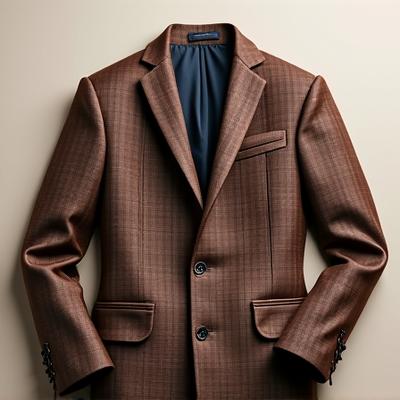 Close-up of a men's heritage blazer in a rich, modern tartan pattern, showcasing fine stitching and a classic silhouette