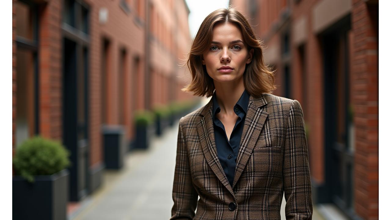 Sophisticated model wearing a heritage blazer in a modern tartan, standing in a chic Manchester setting with subtle textile details