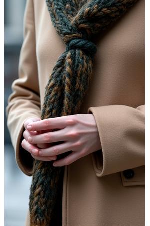 Close-up of a model styling a heritage wool scarf with a contemporary winter coat