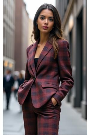 Business professional wearing a heritage blazer with modern trousers in a chic office setting