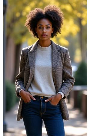 Individual wearing a heritage tweed jacket casually with jeans and a knit sweater for a relaxed weekend look